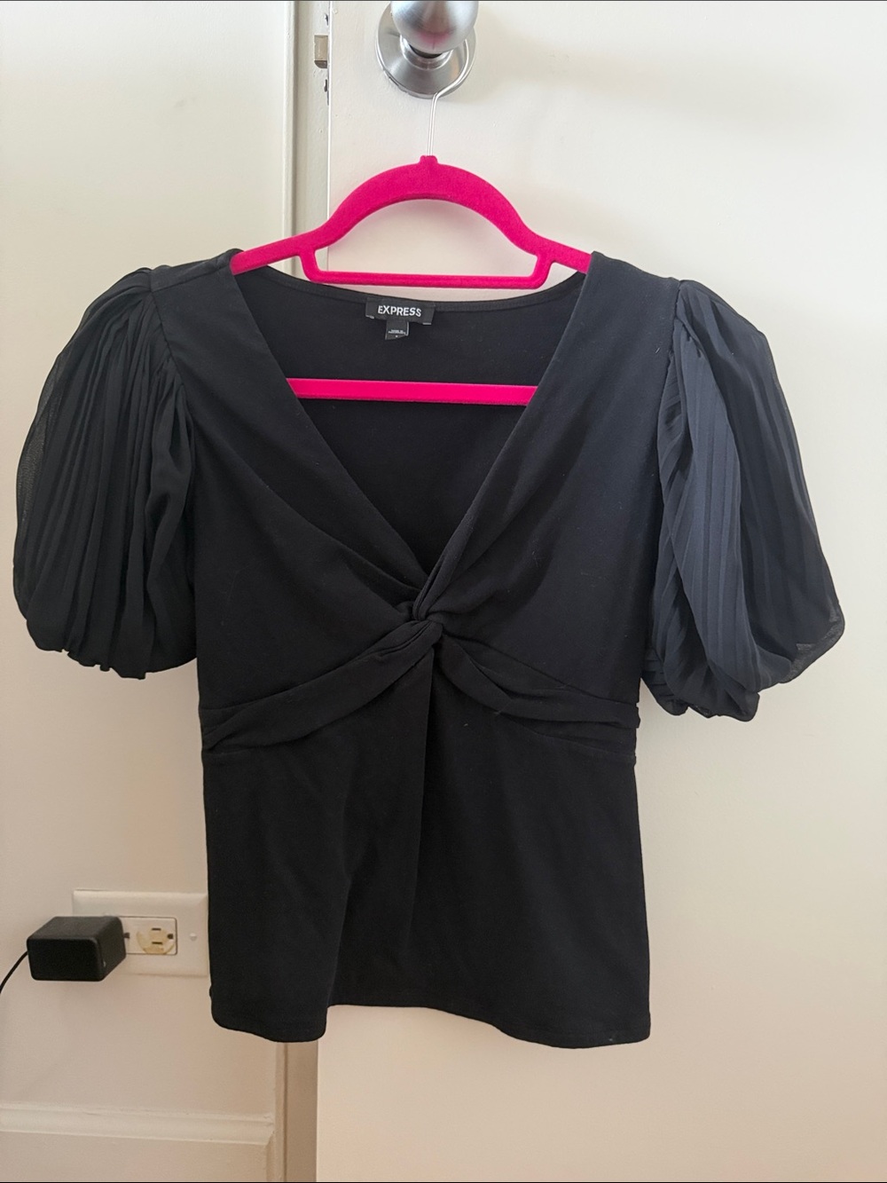 Express Black Twist-Knot Puff Sleeve Blouse